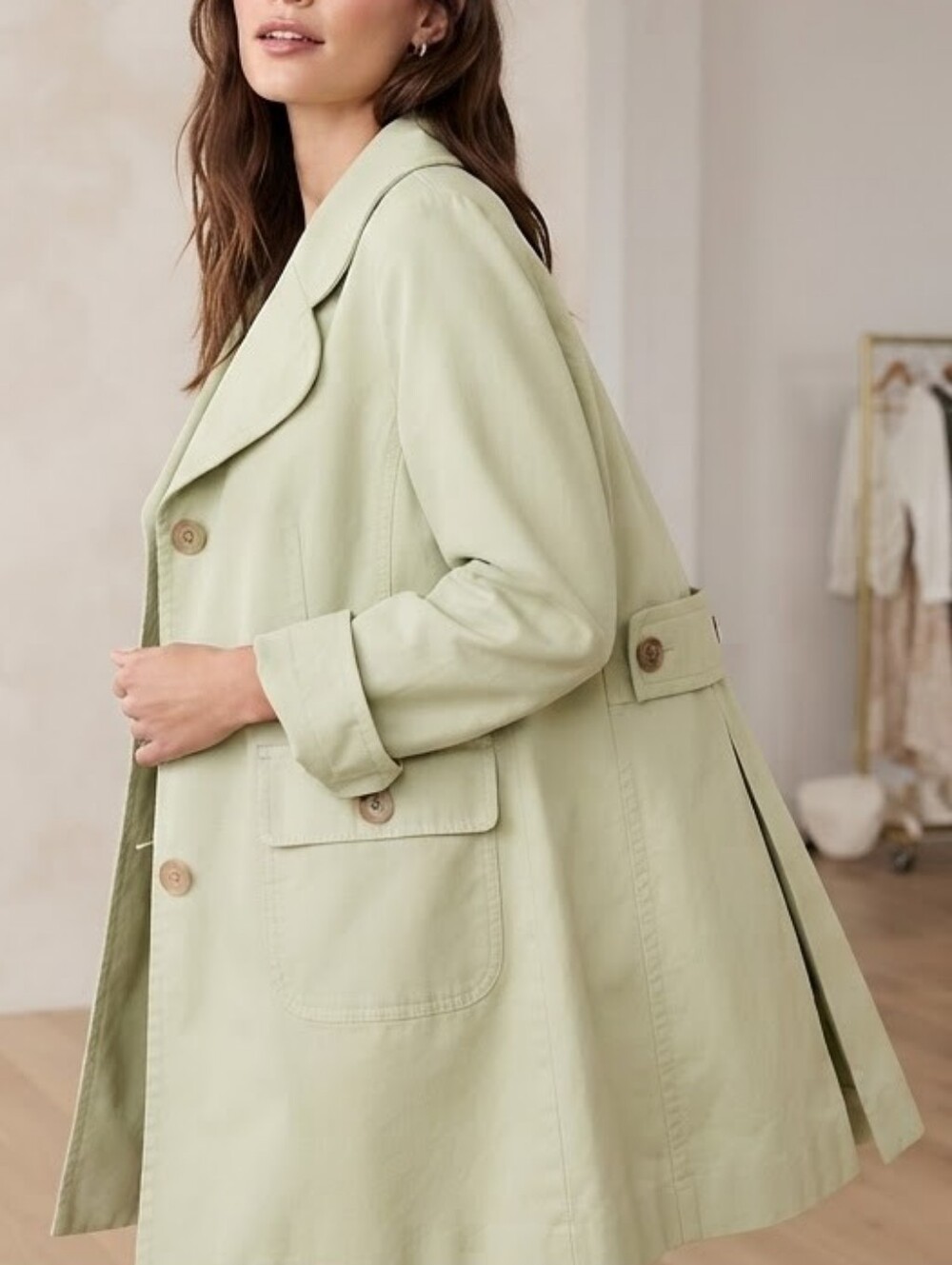 Merona Sage Green Trench Coat Double Breasted Floral Lining Small - Flaw